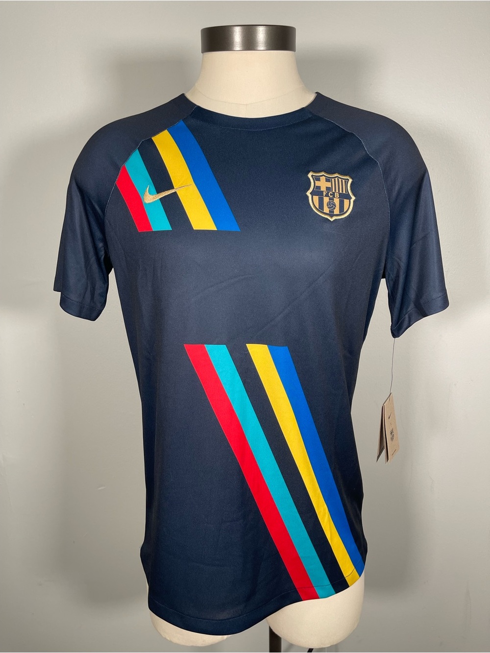 Nike Navy Barcelona Short Sleeve Training Jersey with Multicolor Stripes - Large